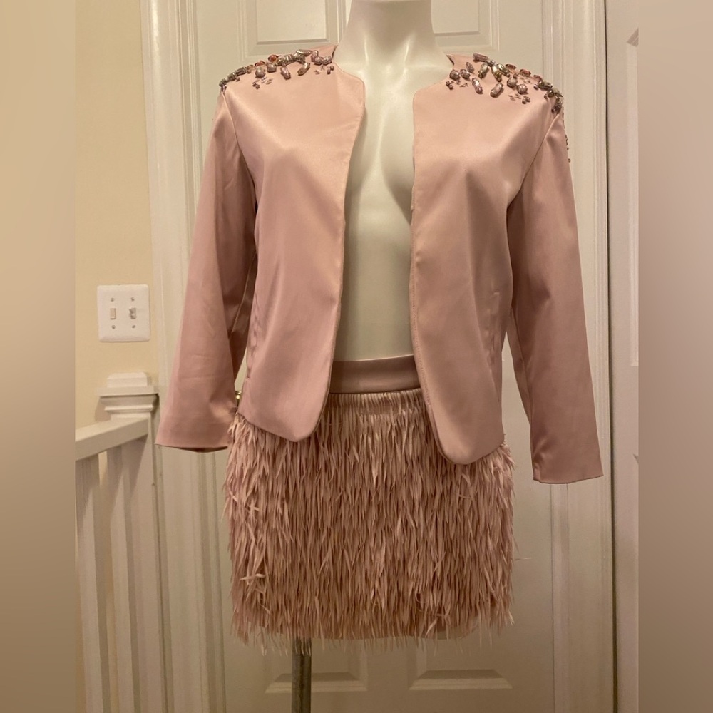 Blush embellished blazer & Feather-Trim Mini Skirt set